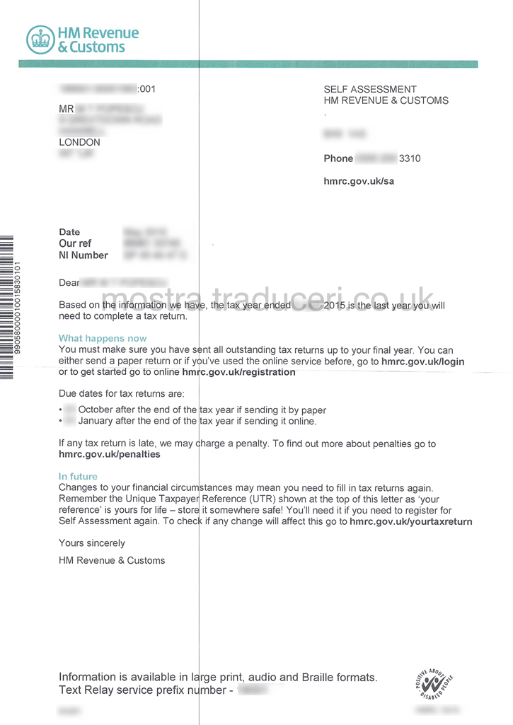 Traduceri  scrisori sau documente oficiale eliberate de HMRC 